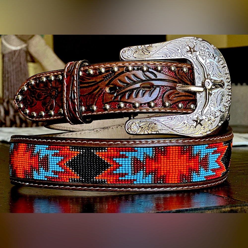 tooled Aztec print beaded leather belt, size 34
